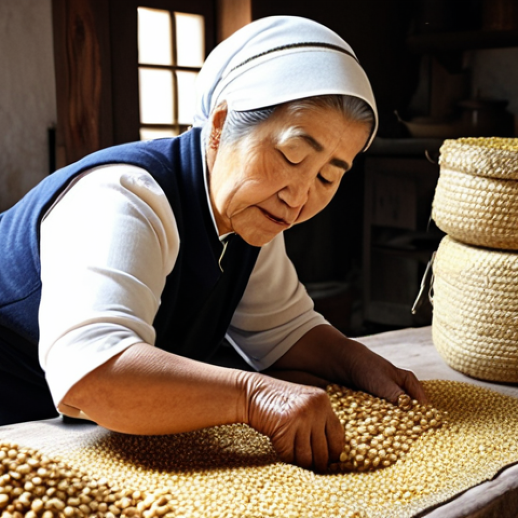 **Image of traditional Doenjang preparation:** Capture a scene of a Turkish grandmother in a rustic kitchen, preparing meju blocks with harvested soybeans. Show the process of drying and fermenting the blocks wrapped in straw, emphasizing the natural elements and traditional methods. The setting should evoke a sense of heritage and culinary tradition.