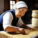 **Image of traditional Doenjang preparation:** Capture a scene of a Turkish grandmother in a rustic kitchen, preparing meju blocks with harvested soybeans. Show the process of drying and fermenting the blocks wrapped in straw, emphasizing the natural elements and traditional methods. The setting should evoke a sense of heritage and culinary tradition.