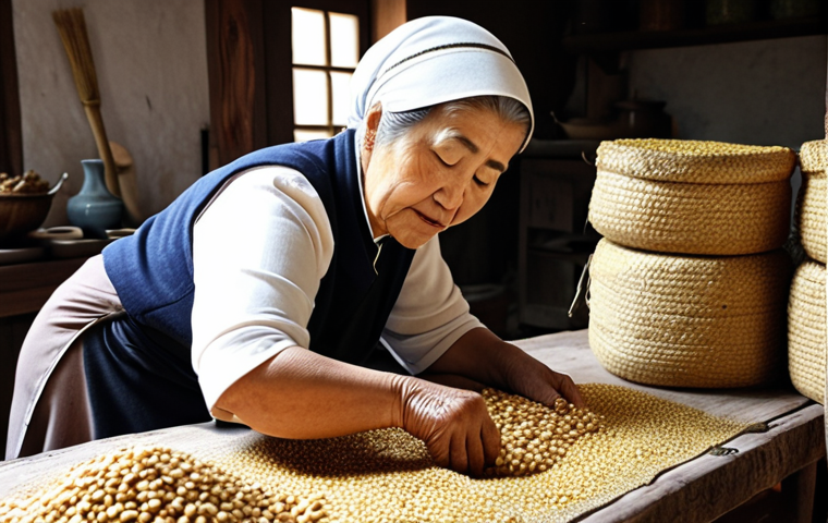 **Image of traditional Doenjang preparation:** Capture a scene of a Turkish grandmother in a rustic kitchen, preparing meju blocks with harvested soybeans. Show the process of drying and fermenting the blocks wrapped in straw, emphasizing the natural elements and traditional methods. The setting should evoke a sense of heritage and culinary tradition.