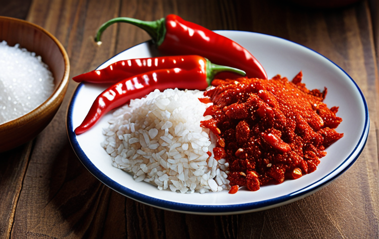 Gochujang Ingredients**

Prompt: "Close-up shot of vibrant gochujang ingredients. Focus on textures: bright red gochu peppers (or chili flakes), coarse sea salt, glutinous rice flour. Natural lighting, slightly rustic setting. Emphasize freshness."

**