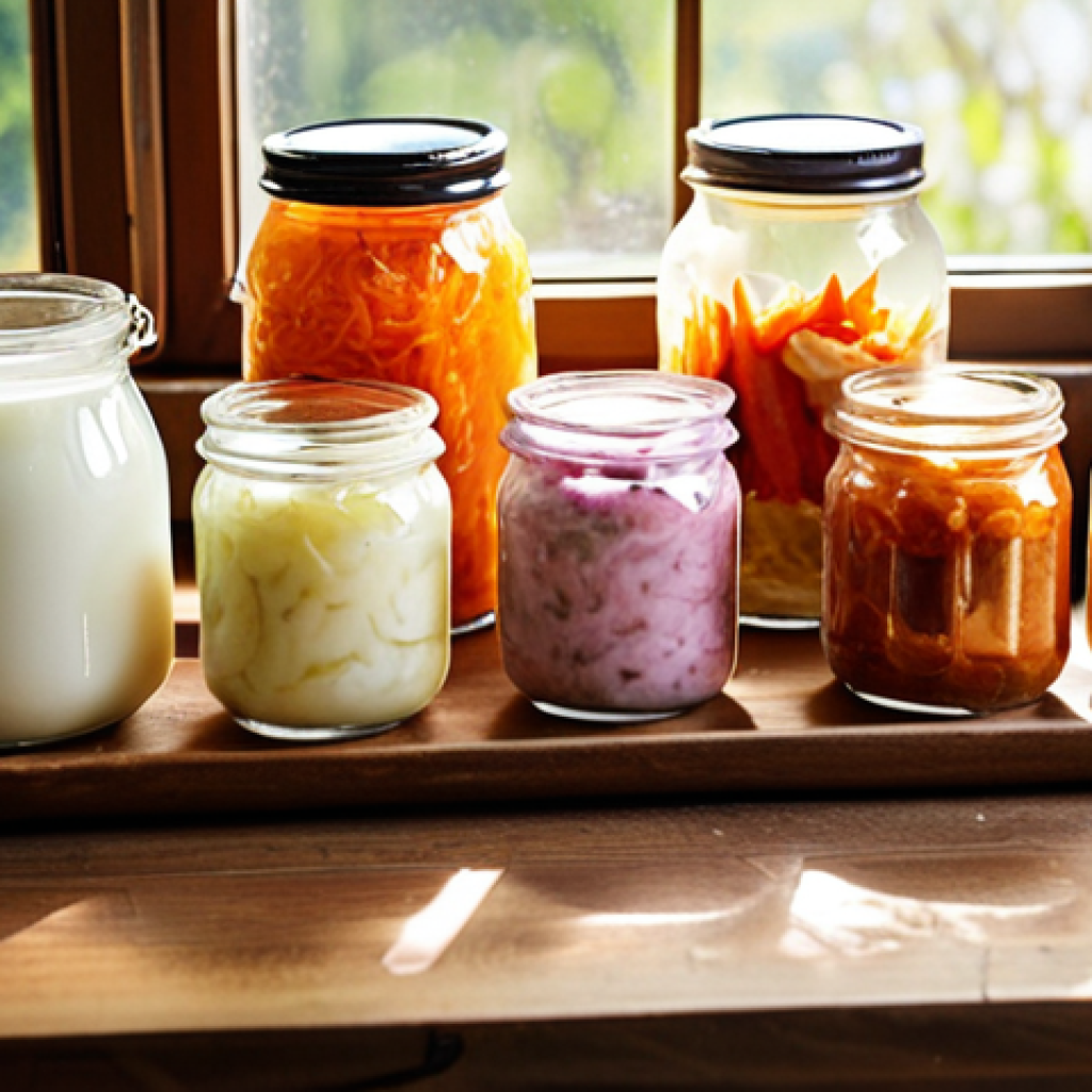 ** A vibrant, colorful display of various fermented foods (yogurt, kefir, sauerkraut, kimchi, pickles) arranged artfully on a wooden table. Focus on the freshness and natural appeal of the ingredients. Sunlight shining through a window adds a healthy glow. The overall mood should be inviting and promote gut health. **