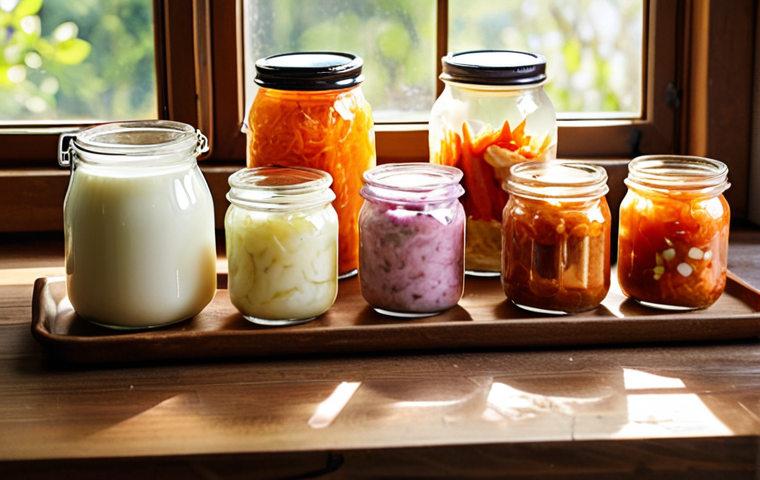 **
A vibrant, colorful display of various fermented foods (yogurt, kefir, sauerkraut, kimchi, pickles) arranged artfully on a wooden table. Focus on the freshness and natural appeal of the ingredients. Sunlight shining through a window adds a healthy glow. The overall mood should be inviting and promote gut health.
**