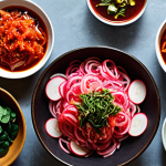 **Prompt 1:** A close-up, high-definition photograph capturing the essence of traditional Korean home cooking. The central focus is a vibrant, meticulously arranged bowl of freshly prepared Kimchi, showcasing its rich, spicy red hue and crisp texture. Surrounding it are several smaller bowls of colorful Banchan, such as seasoned green spinach, blanched bean sprouts, and thinly sliced pickled radishes, all reflecting natural, healthy ingredients. The setting is a warm and inviting kitchen or dining area, possibly with a rustic wooden table and soft natural light, emphasizing a sense of wholesome nourishment and ancestral culinary wisdom. The image should convey freshness, balance, and the health benefits of fermented foods.