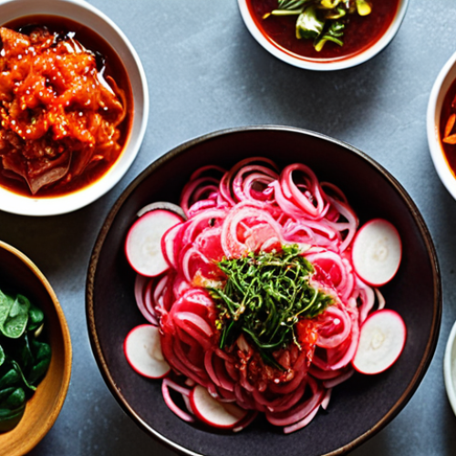 Home 10 **Prompt 1:** A close-up, high-definition photograph capturing the essence of traditional Korean home cooking. The central focus is a vibrant, meticulously arranged bowl of freshly prepared Kimchi, showcasing its rich, spicy red hue and crisp texture. Surrounding it are several smaller bowls of colorful Banchan, such as seasoned green spinach, blanched bean sprouts, and thinly sliced pickled radishes, all reflecting natural, healthy ingredients. The setting is a warm and inviting kitchen or dining area, possibly with a rustic wooden table and soft natural light, emphasizing a sense of wholesome nourishment and ancestral culinary wisdom. The image should convey freshness, balance, and the health benefits of fermented foods.