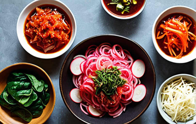 **Prompt 1:** A close-up, high-definition photograph capturing the essence of traditional Korean home cooking. The central focus is a vibrant, meticulously arranged bowl of freshly prepared Kimchi, showcasing its rich, spicy red hue and crisp texture. Surrounding it are several smaller bowls of colorful Banchan, such as seasoned green spinach, blanched bean sprouts, and thinly sliced pickled radishes, all reflecting natural, healthy ingredients. The setting is a warm and inviting kitchen or dining area, possibly with a rustic wooden table and soft natural light, emphasizing a sense of wholesome nourishment and ancestral culinary wisdom. The image should convey freshness, balance, and the health benefits of fermented foods.