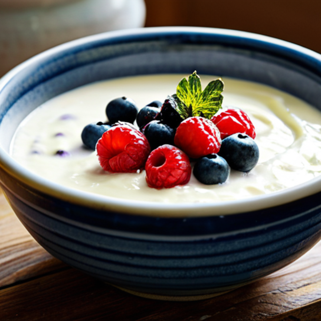전통식품의 발효 종류 - Homemade Yogurt** A professional photo of a bowl of creamy, homemade yogurt, garnished with fresh b...