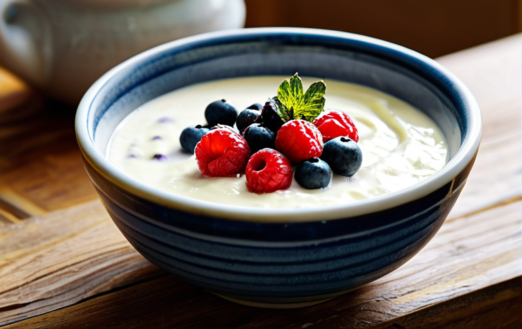 전통식품의 발효 종류 - Homemade Yogurt** A professional photo of a bowl of creamy, homemade yogurt, garnished with fresh b...