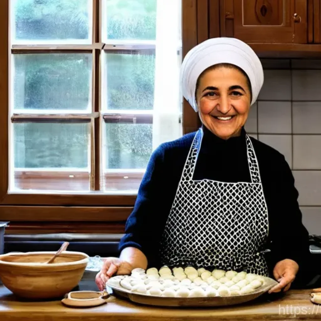 재래식푸드 가격대 - **A traditional Turkish kitchen scene.** A middle-aged Turkish woman with a warm, gentle smile is me...