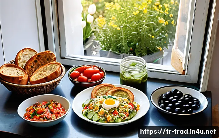 전통 식품 쇼핑몰 - **A vibrant, sun-drenched Turkish family breakfast scene.** A diverse family, including parents and ...