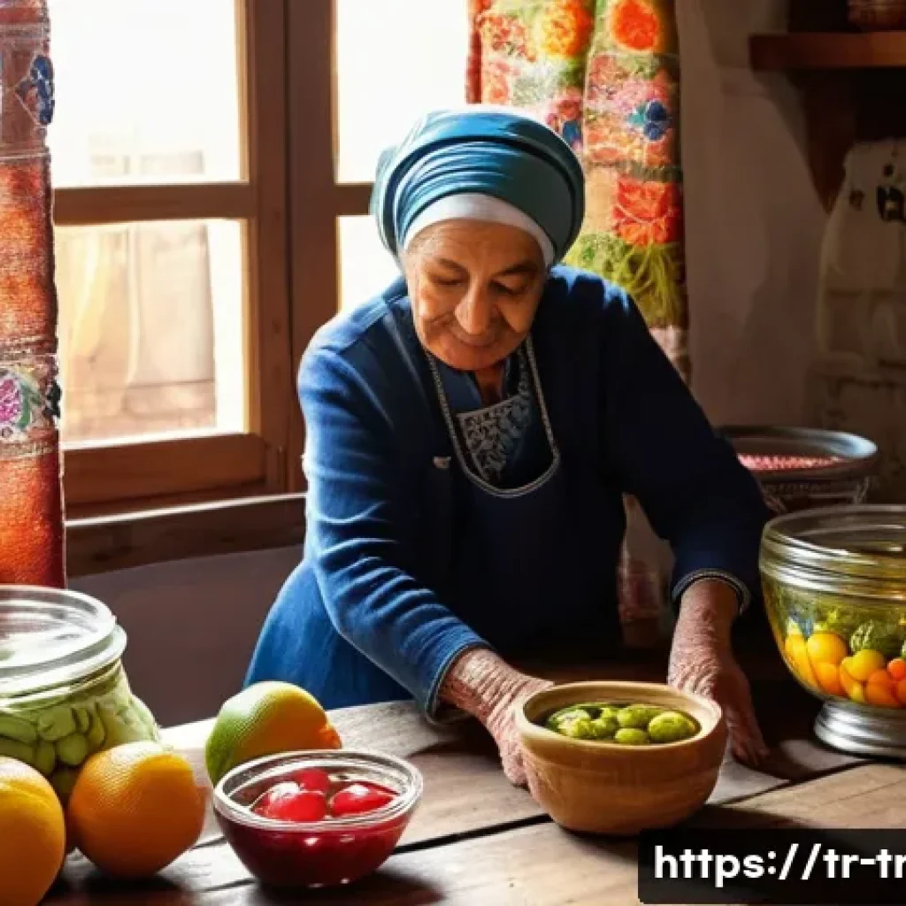 재래식푸드 브랜드 - A warm and inviting rustic kitchen scene in a traditional Turkish village home, showcasing an elderl...