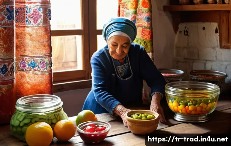 재래식푸드 브랜드 - A warm and inviting rustic kitchen scene in a traditional Turkish village home, showcasing an elderl...