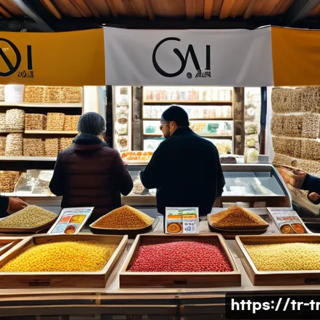 전통식품의 원산지 표시 - A traditional Turkish market scene showcasing local producers proudly displaying their authentic pro...