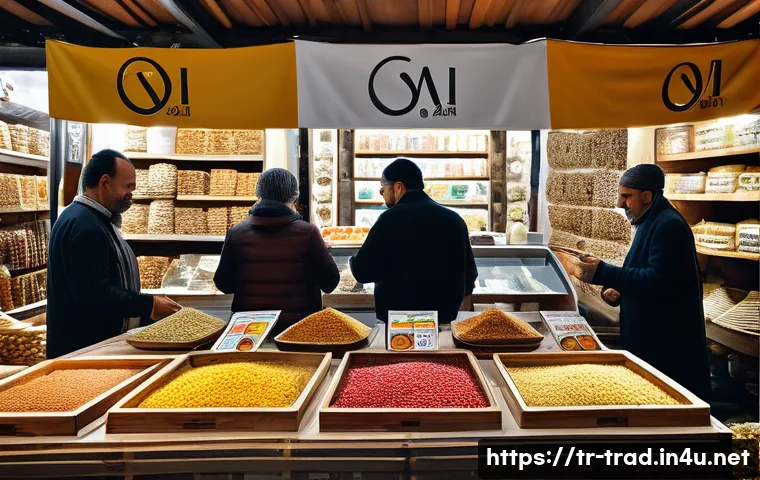 전통식품의 원산지 표시 - A traditional Turkish market scene showcasing local producers proudly displaying their authentic pro...