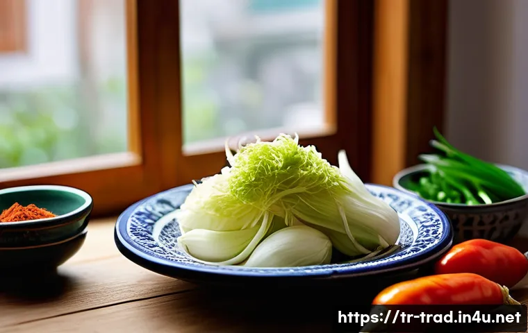 전통 김치 제조법 - A vibrant kitchen scene featuring a Turkish home cook preparing traditional kimchi ingredients on a ...