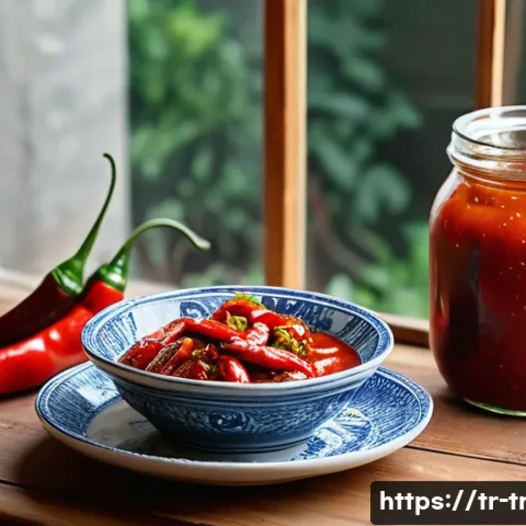 전통 장류 - A rustic Turkish kitchen scene featuring a traditional glass jar filled with homemade fermented hot ...