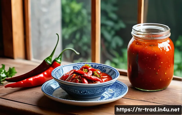 전통 장류 - A rustic Turkish kitchen scene featuring a traditional glass jar filled with homemade fermented hot ...