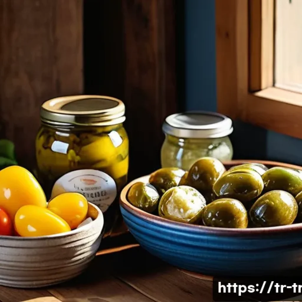 발효식품 산업 동향 - A vibrant, rustic Turkish kitchen scene showcasing an assortment of traditional fermented foods nati...