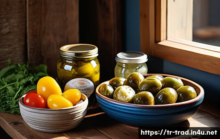 발효식품 산업 동향 - A vibrant, rustic Turkish kitchen scene showcasing an assortment of traditional fermented foods nati...