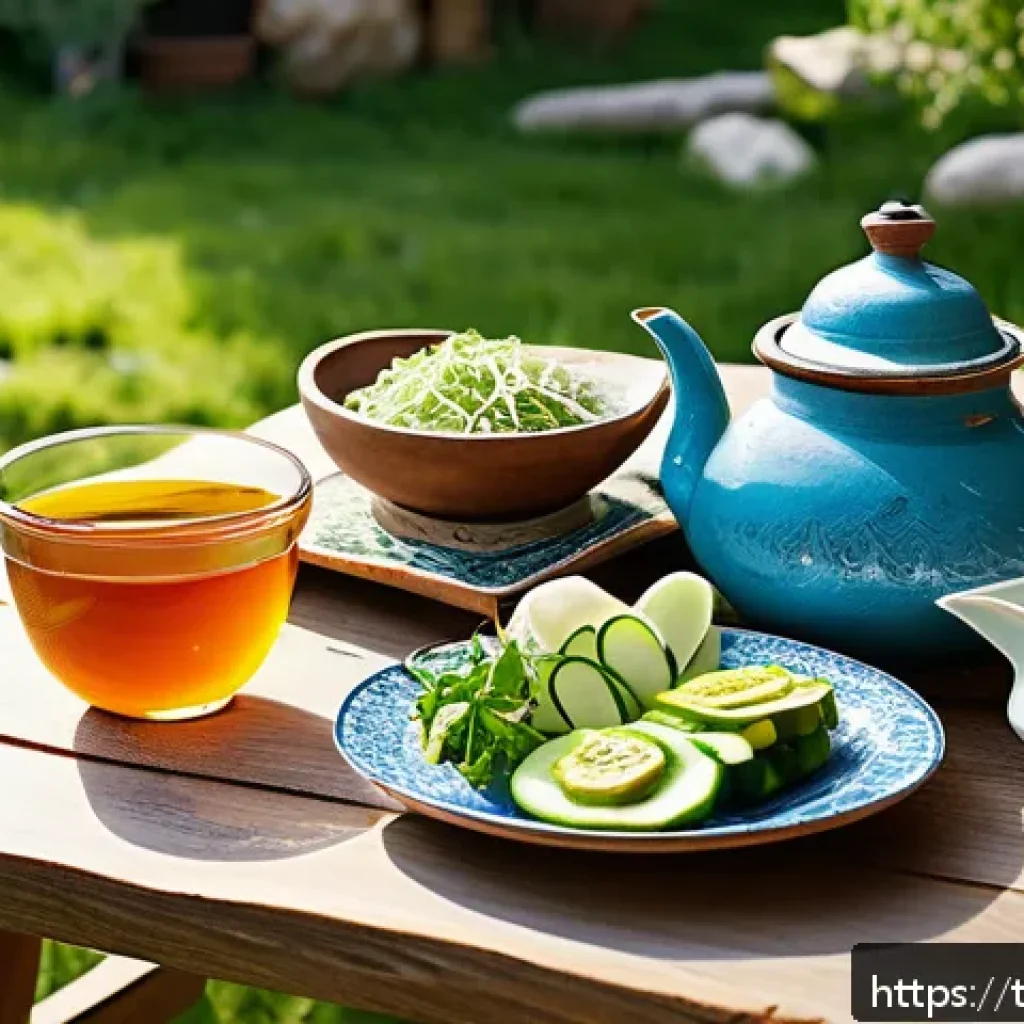 전통식품의 미생물 군 - A vibrant Turkish breakfast table set outdoors in a sunny garden, featuring a rustic wooden table la...