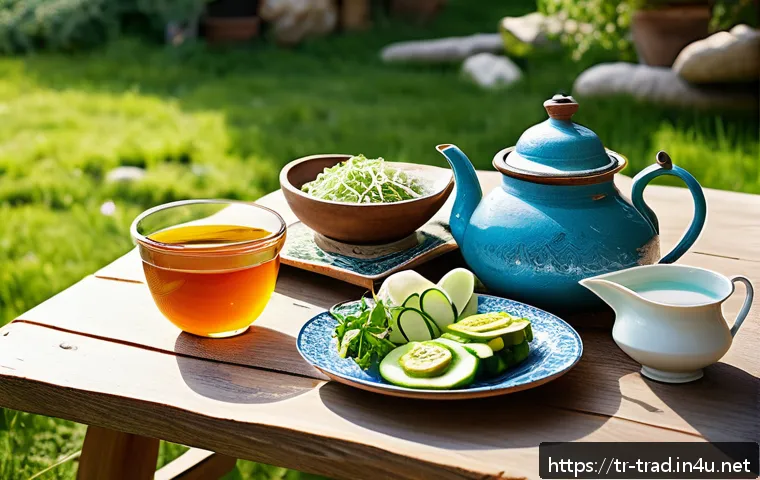 전통식품의 미생물 군 - A vibrant Turkish breakfast table set outdoors in a sunny garden, featuring a rustic wooden table la...