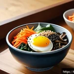 Home 22 한국 전통 음식 - A vibrant and colorful Korean bibimbap dish artfully presented in a traditional Korean-style ceramic...