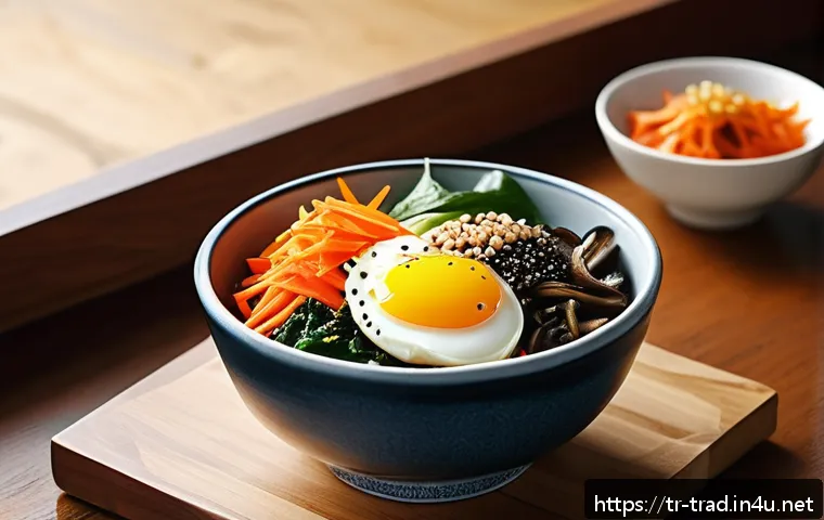 한국 전통 음식 - A vibrant and colorful Korean bibimbap dish artfully presented in a traditional Korean-style ceramic...