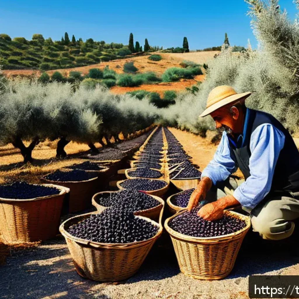 전통식품 제조사의 역사 - A traditional Turkish village scene during olive harvest season in Ayvalık, featuring a middle-aged ...