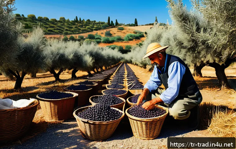 전통식품 제조사의 역사 - A traditional Turkish village scene during olive harvest season in Ayvalık, featuring a middle-aged ...