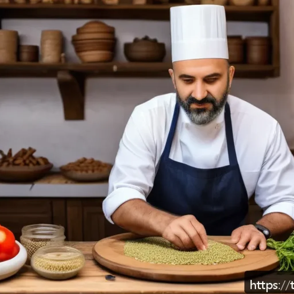 전통식품의 인증 절차 - A detailed scene of a traditional Turkish food producer carefully preparing a regional specialty in ...