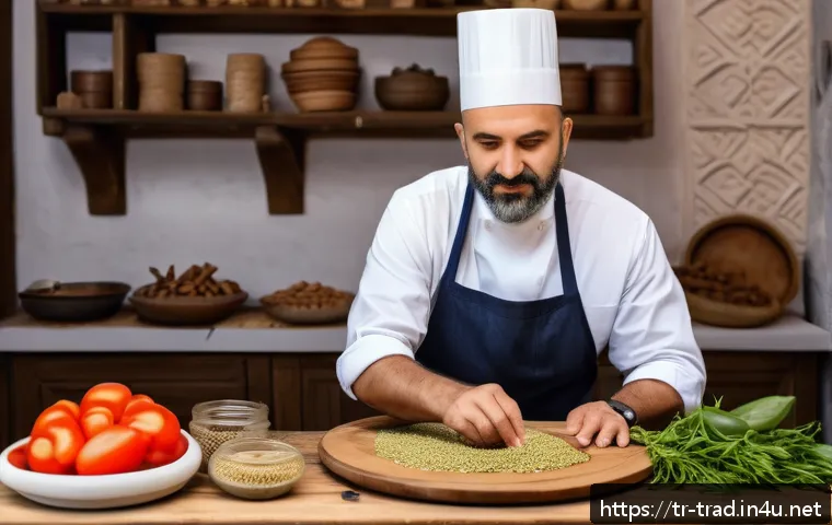 전통식품의 인증 절차 - A detailed scene of a traditional Turkish food producer carefully preparing a regional specialty in ...