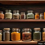 Home 18 재래식푸드 주원료 - A rustic kitchen scene showcasing a variety of natural spices stored in clear glass jars with wooden...