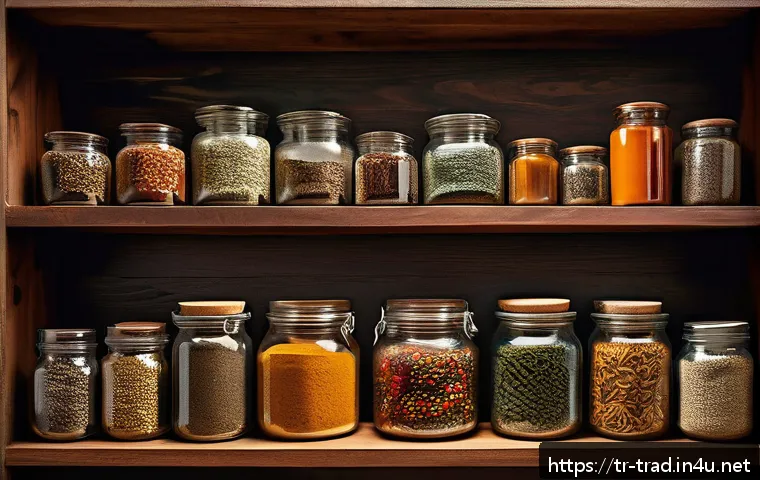 재래식푸드 주원료 - A rustic kitchen scene showcasing a variety of natural spices stored in clear glass jars with wooden...