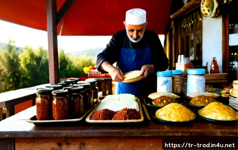 국산 재래식푸드 - Photorealistic Turkish traditional food market display, neat wooden table with homemade jarred tomat...
