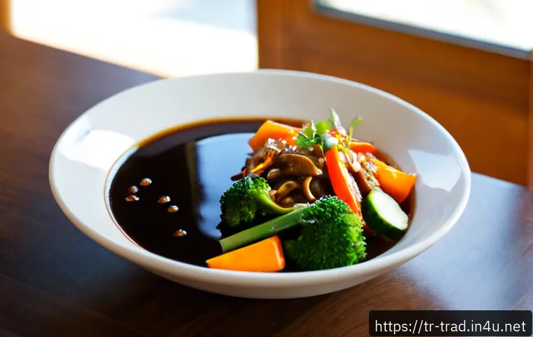 Home 13 간장 - Photorealistic close-up of a small glass bowl filled with rich dark soy sauce beside a ceramic plate...